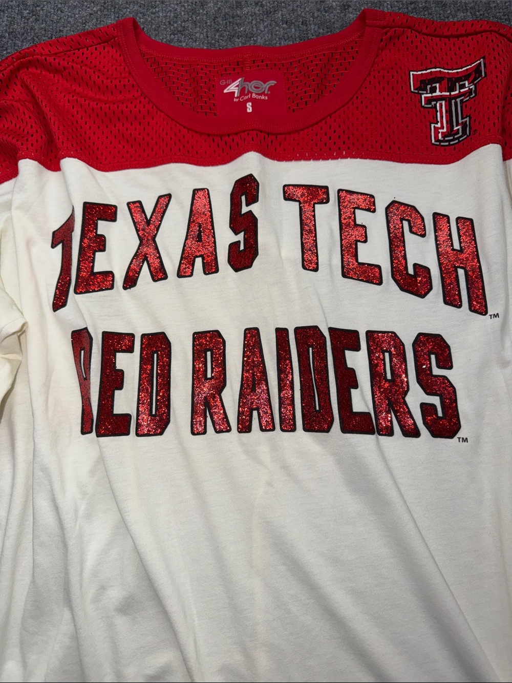 Texas Tech Red Raiders women's 3/4-sleeve fashion jersey with glitter graphic